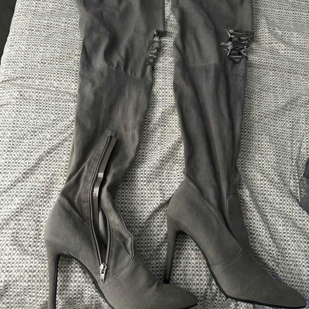 Gray thigh, high distressed, jeans, high heel boots